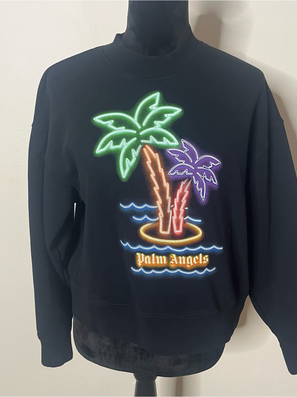 Palm Angels Kids Black Crewneck Neon Palm Tree Cotton Pullover Sweatshirt 12 YRS